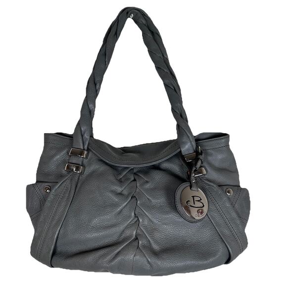 B. Makowsky grey Leather slouchy Silver Hardware Twisted Shoulder Strap Purse. - Picture 1 of 9